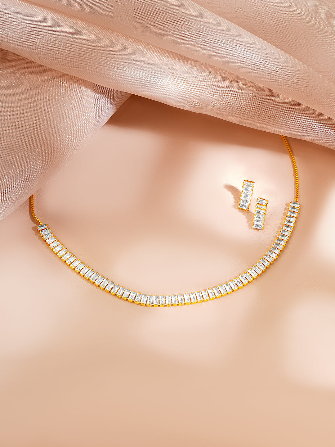【Rubans】 Gold Plated Crystal Baguette Choker Necklace Set｜ゴールドメッキ クリスタル バゲット チョーカー ネックレスセット（引き紐タイプ）