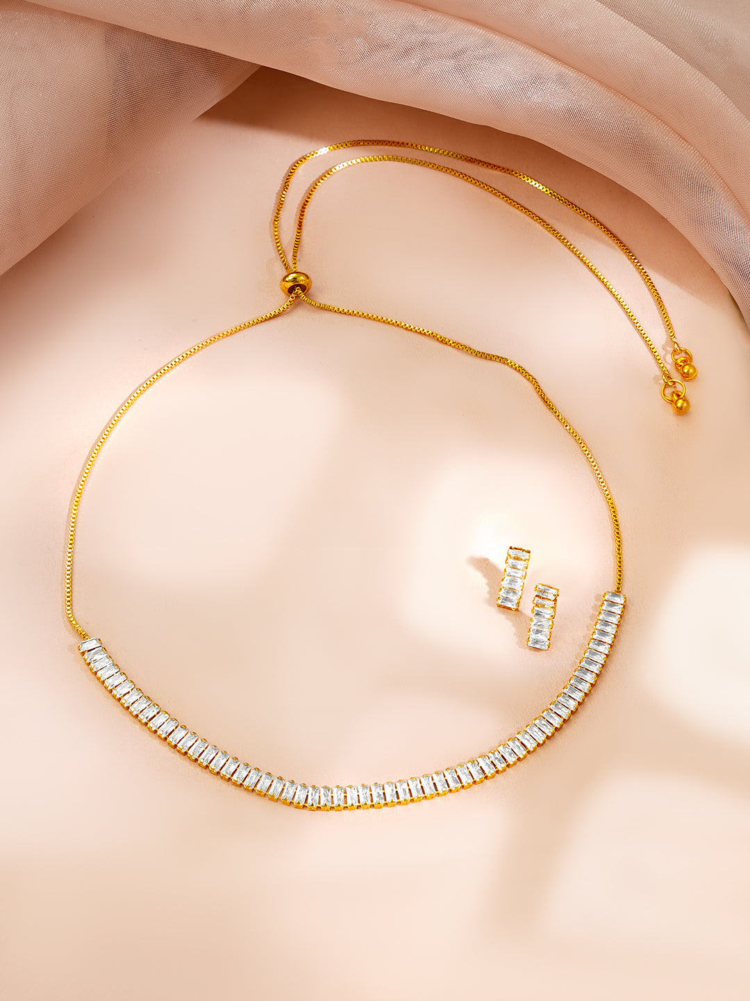 【Rubans】 Gold Plated Crystal Baguette Choker Necklace Set｜ゴールドメッキ クリスタル バゲット チョーカー ネックレスセット（引き紐タイプ）