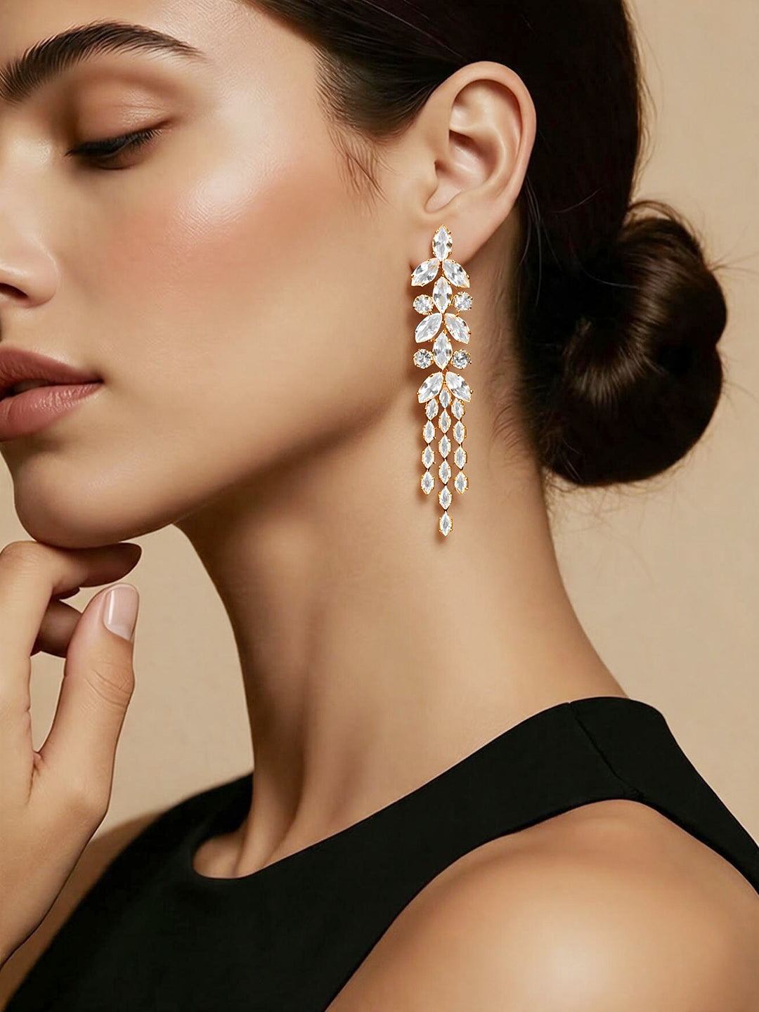 【Rubans】 Gold Plated Crystal Leaf Cluster Drop Earrings｜ゴールドメッキ クリスタル リーフクラスター ドロップイヤリング