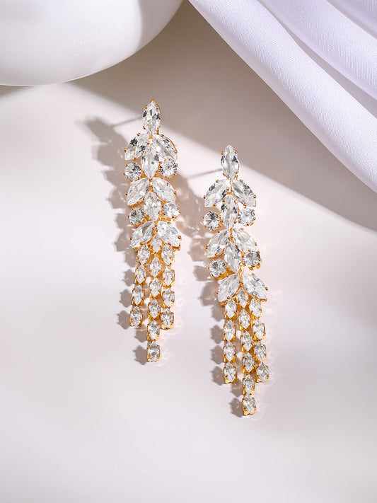 【Rubans】 Gold Plated Crystal Leaf Cluster Drop Earrings｜ゴールドメッキ クリスタル リーフクラスター ドロップイヤリング