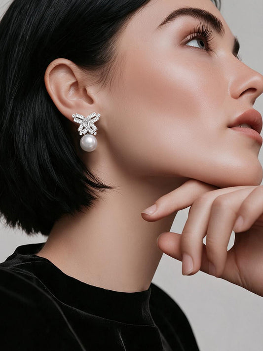【Rubans】 Rhodium Plated Crystal Bow Pearl Drop Earrings｜ロジウムメッキ クリスタル リボン パール ドロップイヤリング