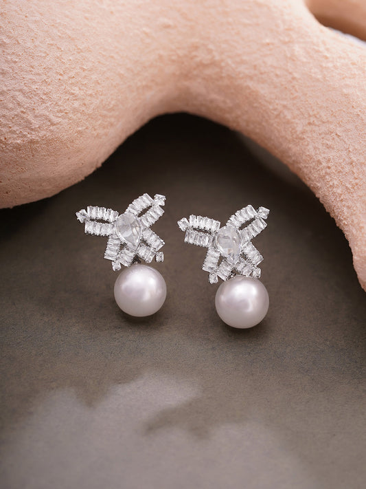 【Rubans】 Rhodium Plated Crystal Bow Pearl Drop Earrings｜ロジウムメッキ クリスタル リボン パール ドロップイヤリング