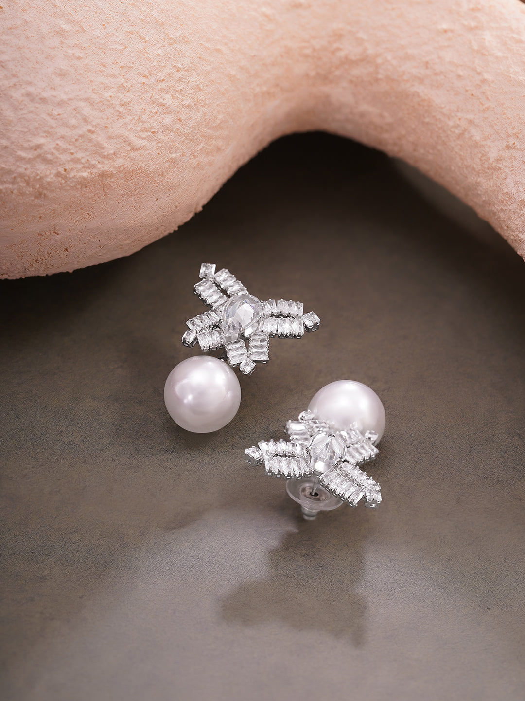 【Rubans】 Rhodium Plated Crystal Bow Pearl Drop Earrings｜ロジウムメッキ クリスタル リボン パール ドロップイヤリング