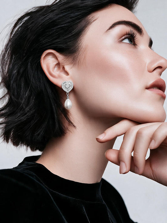 【Rubans】 Rhodium Plated Crystal Heart Pearl Drop Earrings｜ロジウムメッキ クリスタル ハート パール ドロップイヤリング