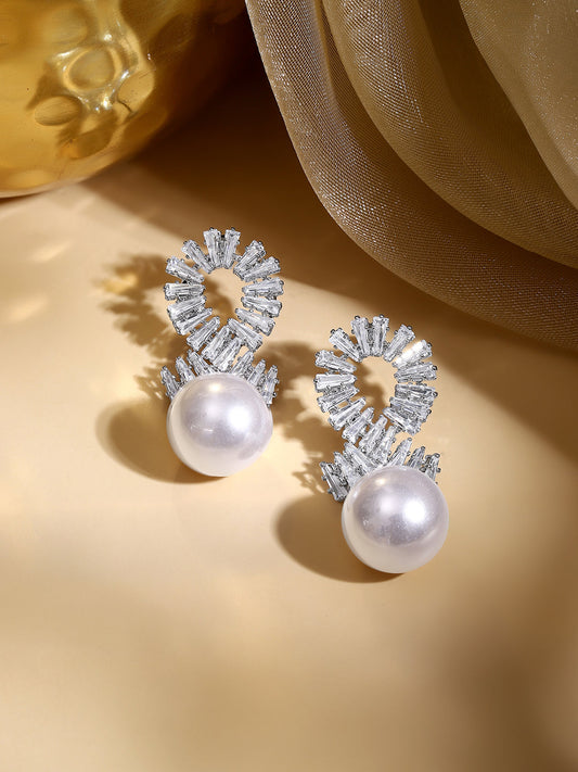 【Rubans】 Rhodium Plated Crystal Spiral Pearl Drop Earrings｜ロジウムメッキ クリスタル スパイラル パール ドロップイヤリング