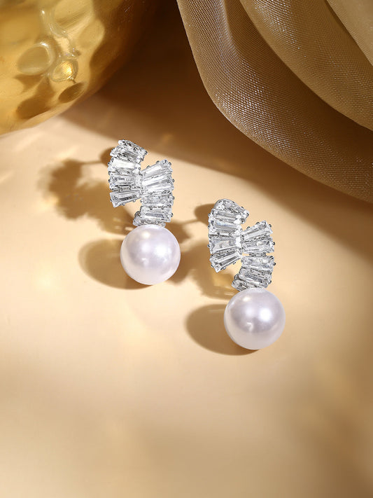 【Rubans】 Rhodium Plated Crystal Bow Knot Pearl Drop Earrings｜ロジウムメッキ クリスタル リボンノット パール ドロップイヤリング