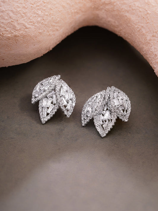 【Rubans】 Rhodium Plated Crystal Leaf Cluster Stud Earrings｜ロジウムメッキ クリスタル リーフクラスター スタッドイヤリング