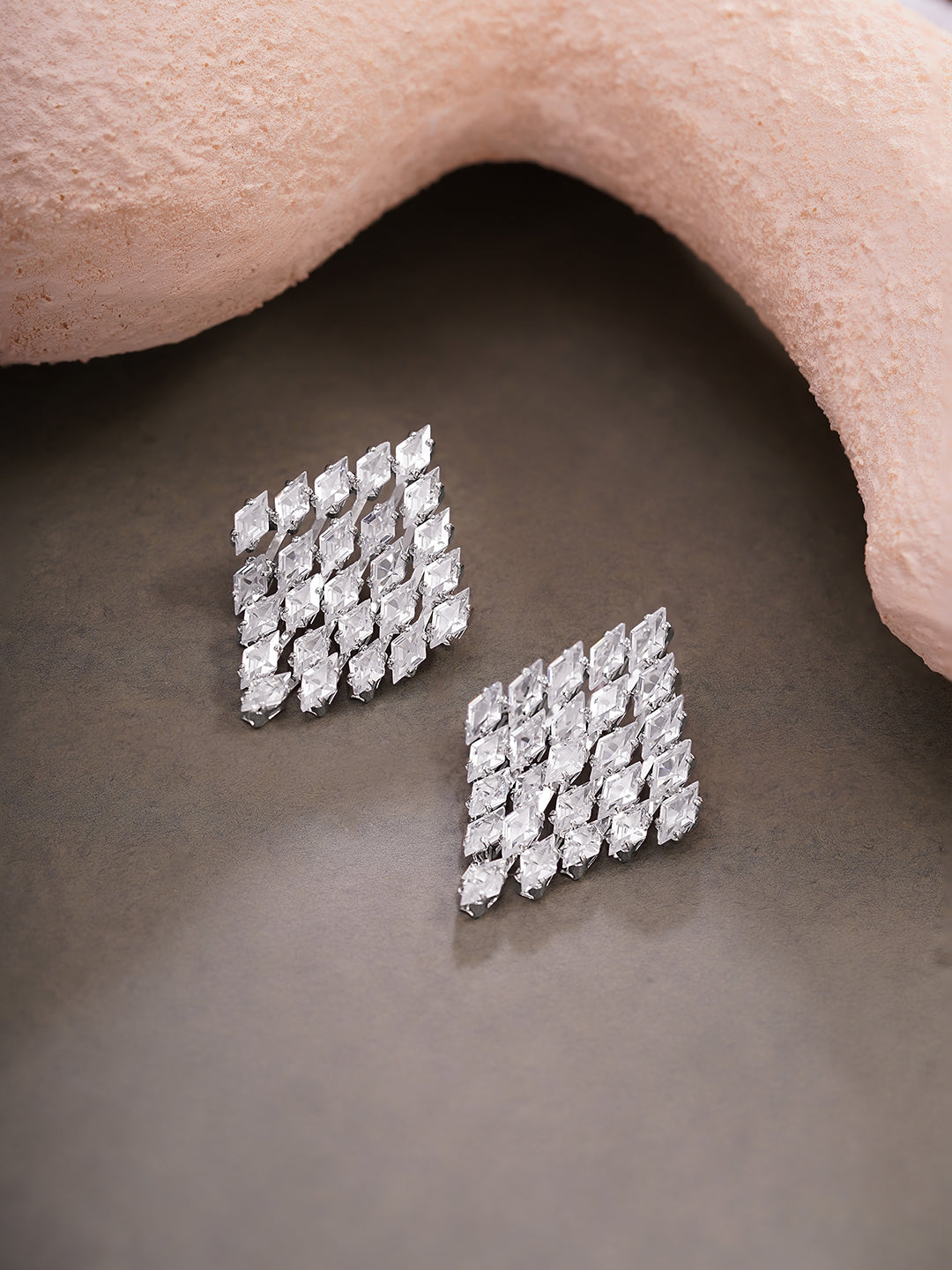 【Rubans】 Rhodium Plated Crystal American Diamond Grid Stud Earrings｜ロジウムメッキ クリスタル アメリカンダイヤモンド グリッド スタッドイヤリング