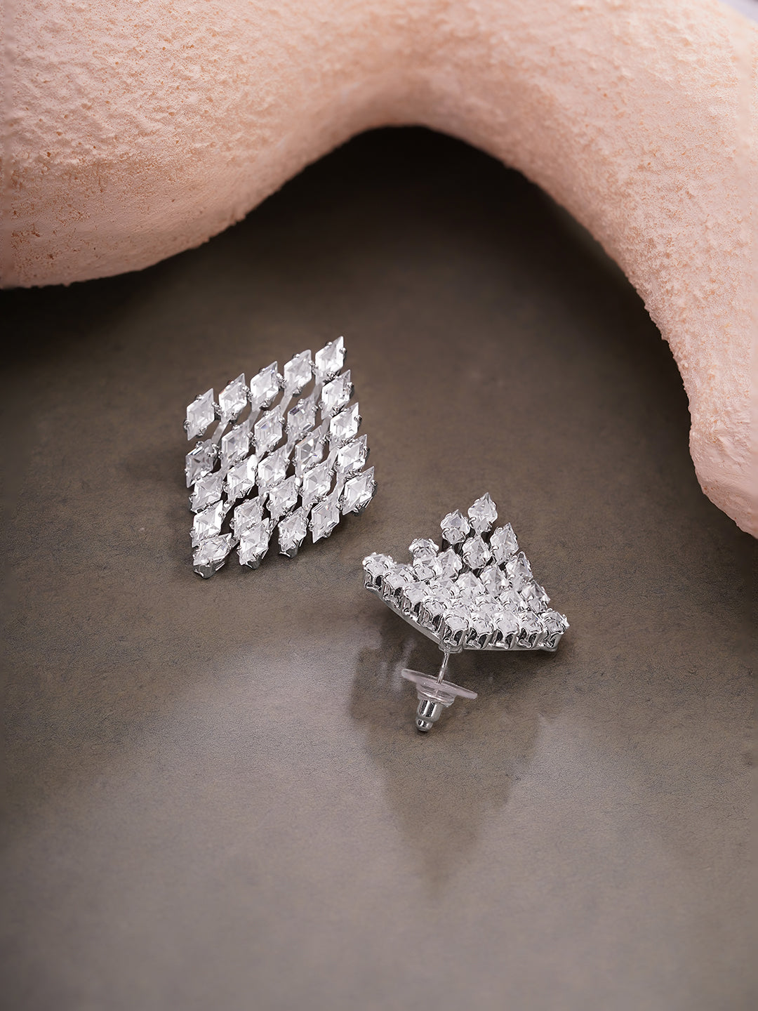【Rubans】 Rhodium Plated Crystal American Diamond Grid Stud Earrings｜ロジウムメッキ クリスタル アメリカンダイヤモンド グリッド スタッドイヤリング