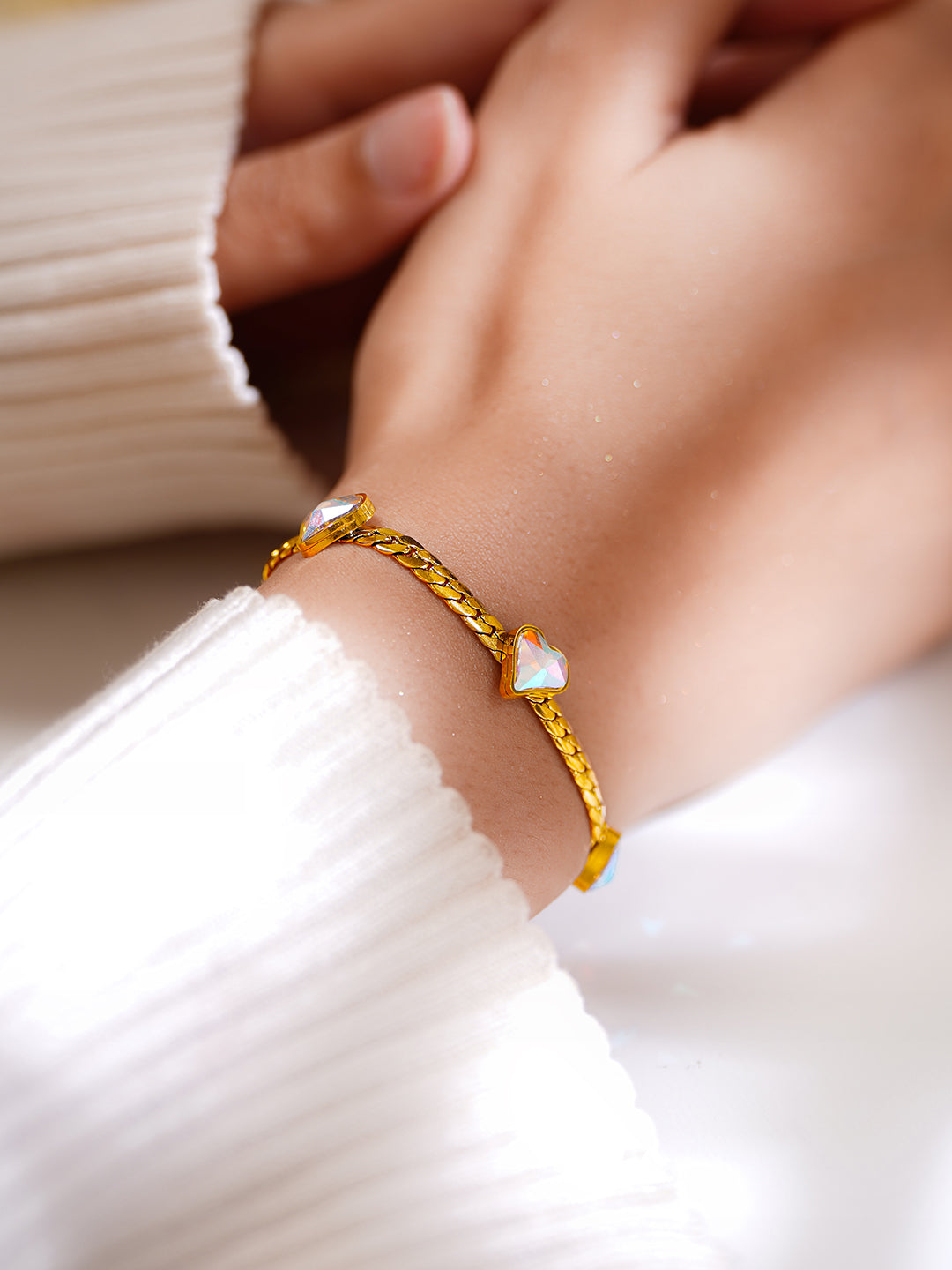 Demi Fine 18K Gold Plated Stainless Steel Heart Crystal Chain Bracelet フリーサイズ