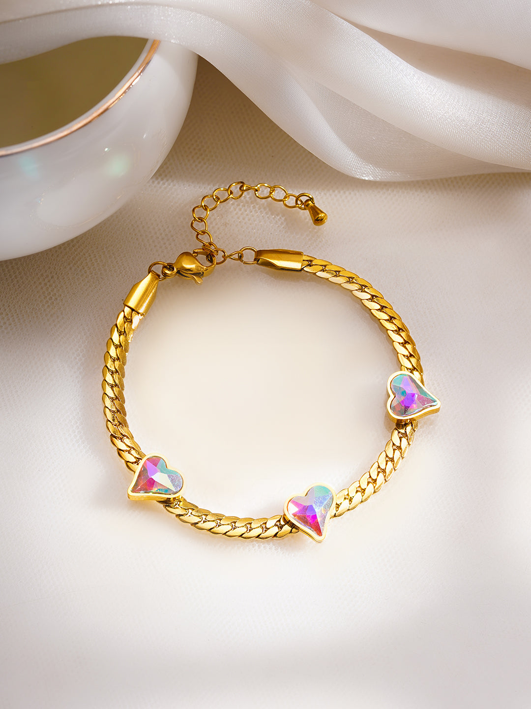 Demi Fine 18K Gold Plated Stainless Steel Heart Crystal Chain Bracelet フリーサイズ
