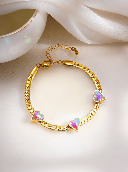 Demi Fine 18K Gold Plated Stainless Steel Heart Crystal Chain Bracelet フリーサイズ