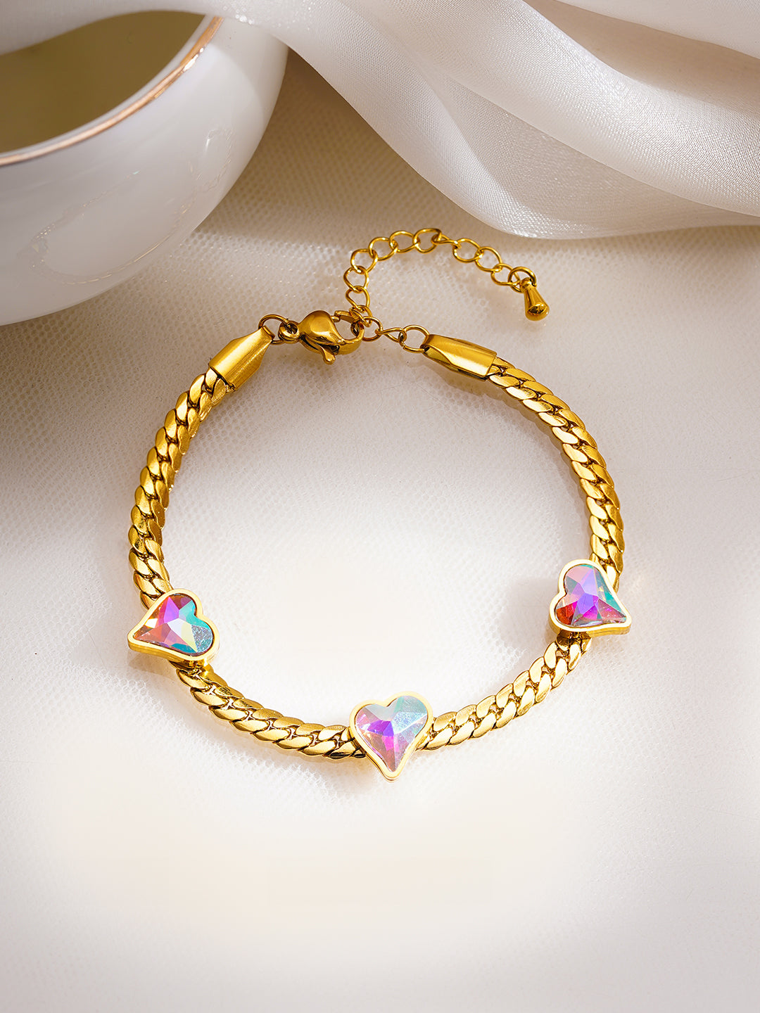 Demi Fine 18K Gold Plated Stainless Steel Heart Crystal Chain Bracelet フリーサイズ
