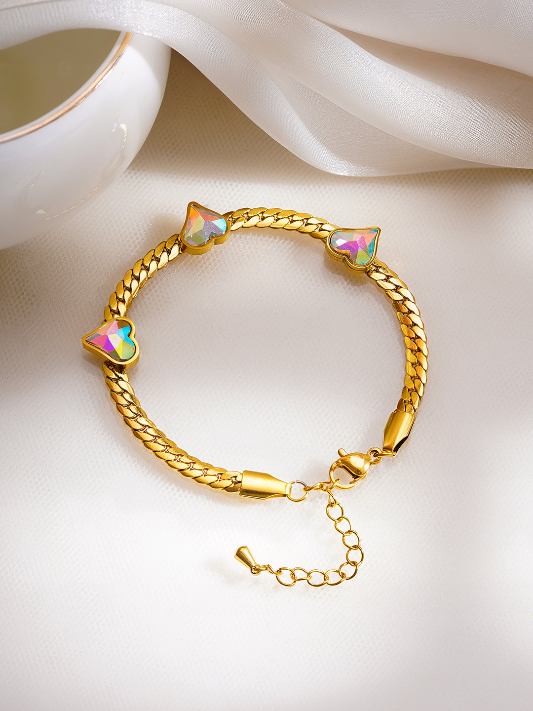 Demi Fine 18K Gold Plated Stainless Steel Heart Crystal Chain Bracelet フリーサイズ