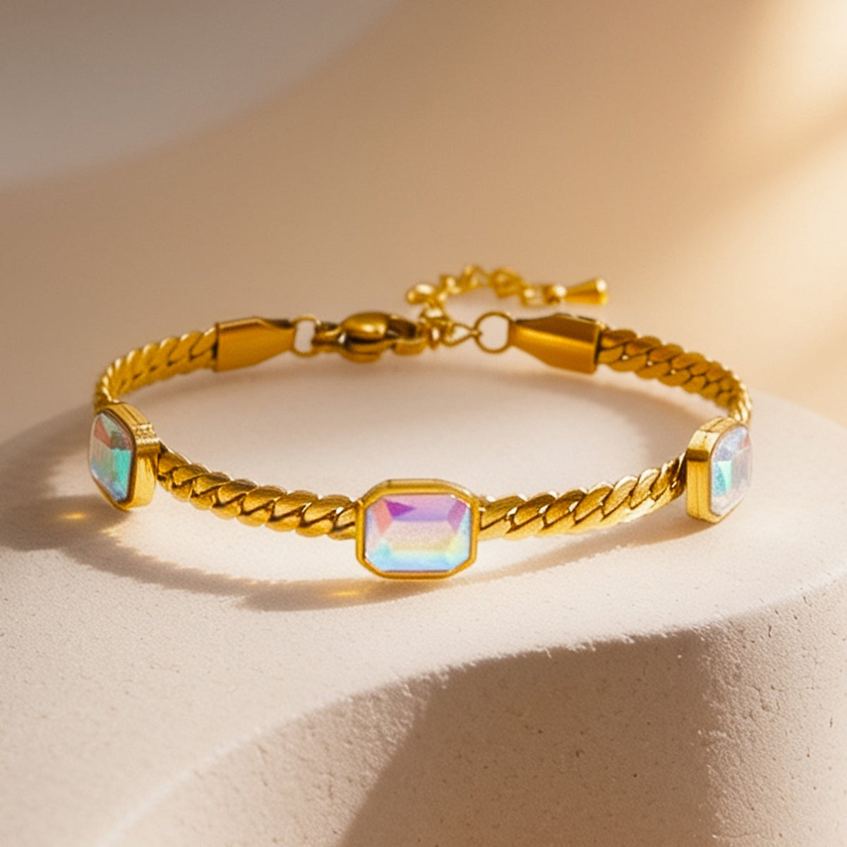 Demi Fine 18K Gold Plated Stainless Steel Rainbow Crystal Chain Bracelet フリーサイズ