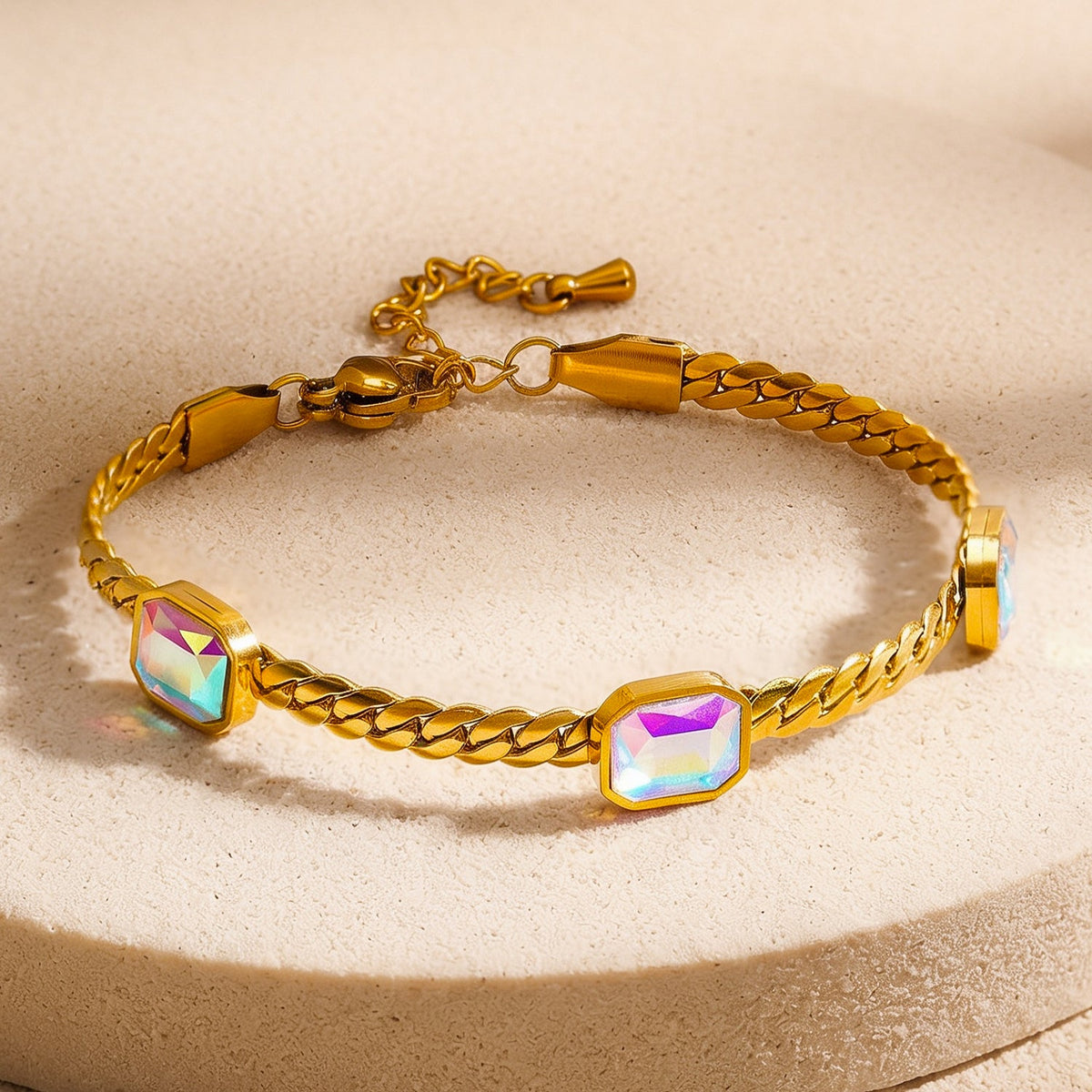 Demi Fine 18K Gold Plated Stainless Steel Rainbow Crystal Chain Bracelet フリーサイズ