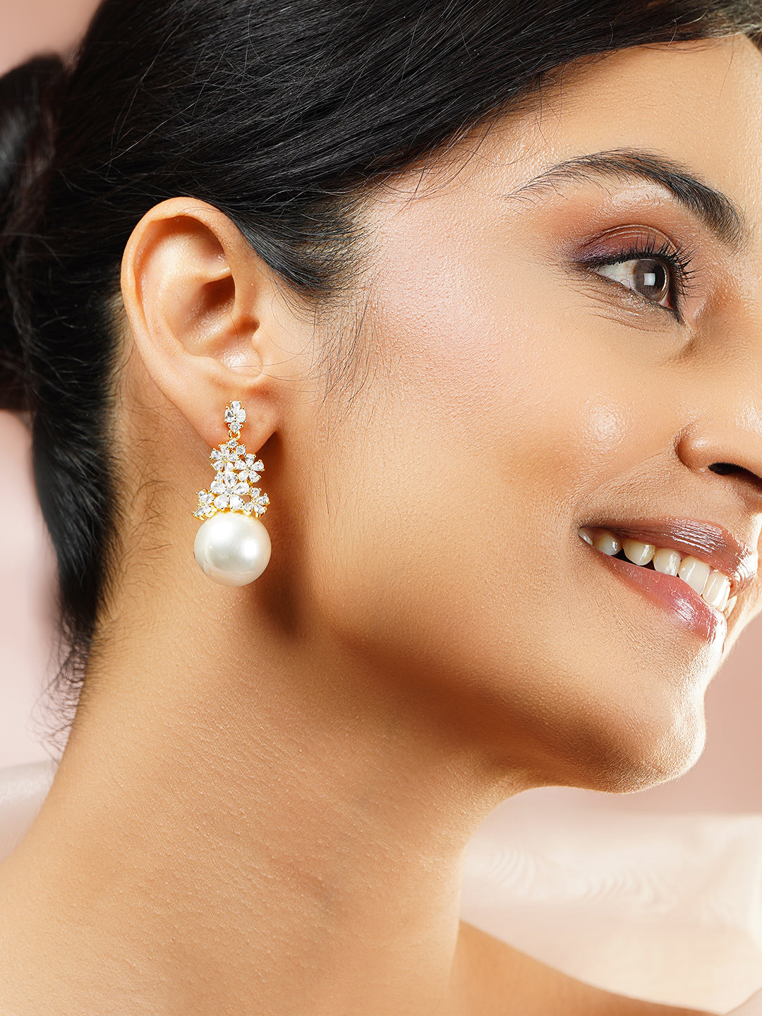 【Rubans】 Gold Plated Floral Crystal Pearl Drop Earrings｜ゴールドメッキ フローラル クリスタル パールドロップ イヤリング