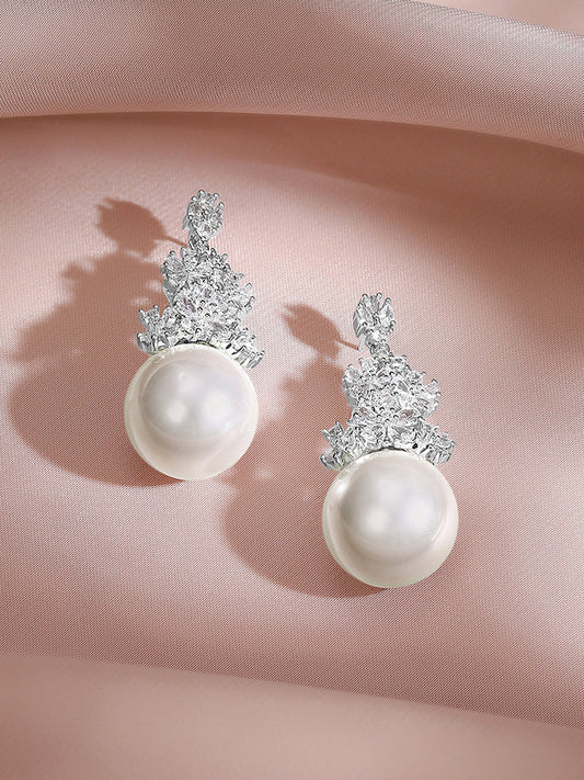 【Rubans】 Rhodium Plated Floral Crystal Pearl Drop Earrings｜ロジウムメッキ フローラル クリスタル パールドロップ イヤリング