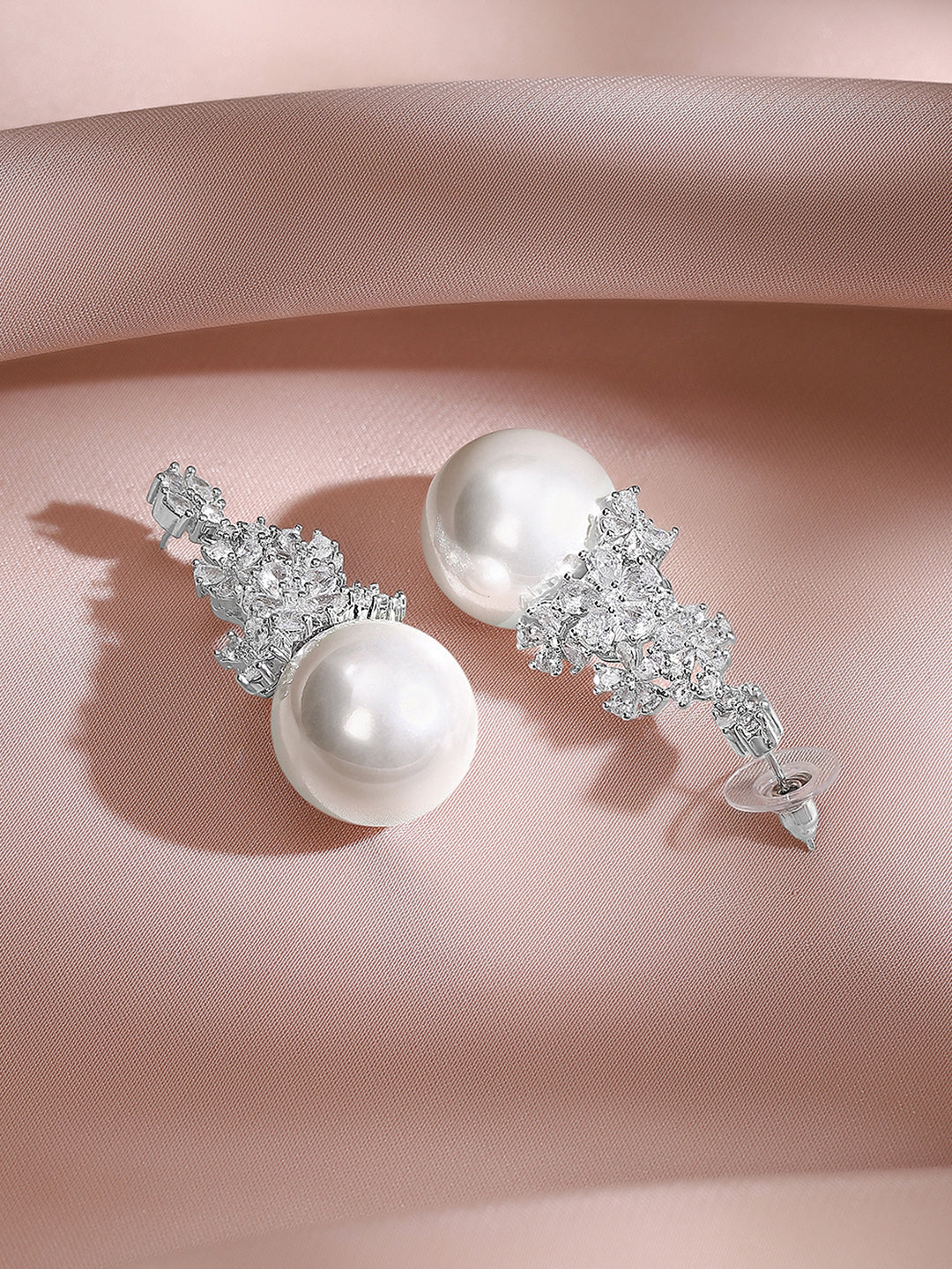 【Rubans】 Rhodium Plated Floral Crystal Pearl Drop Earrings｜ロジウムメッキ フローラル クリスタル パールドロップ イヤリング