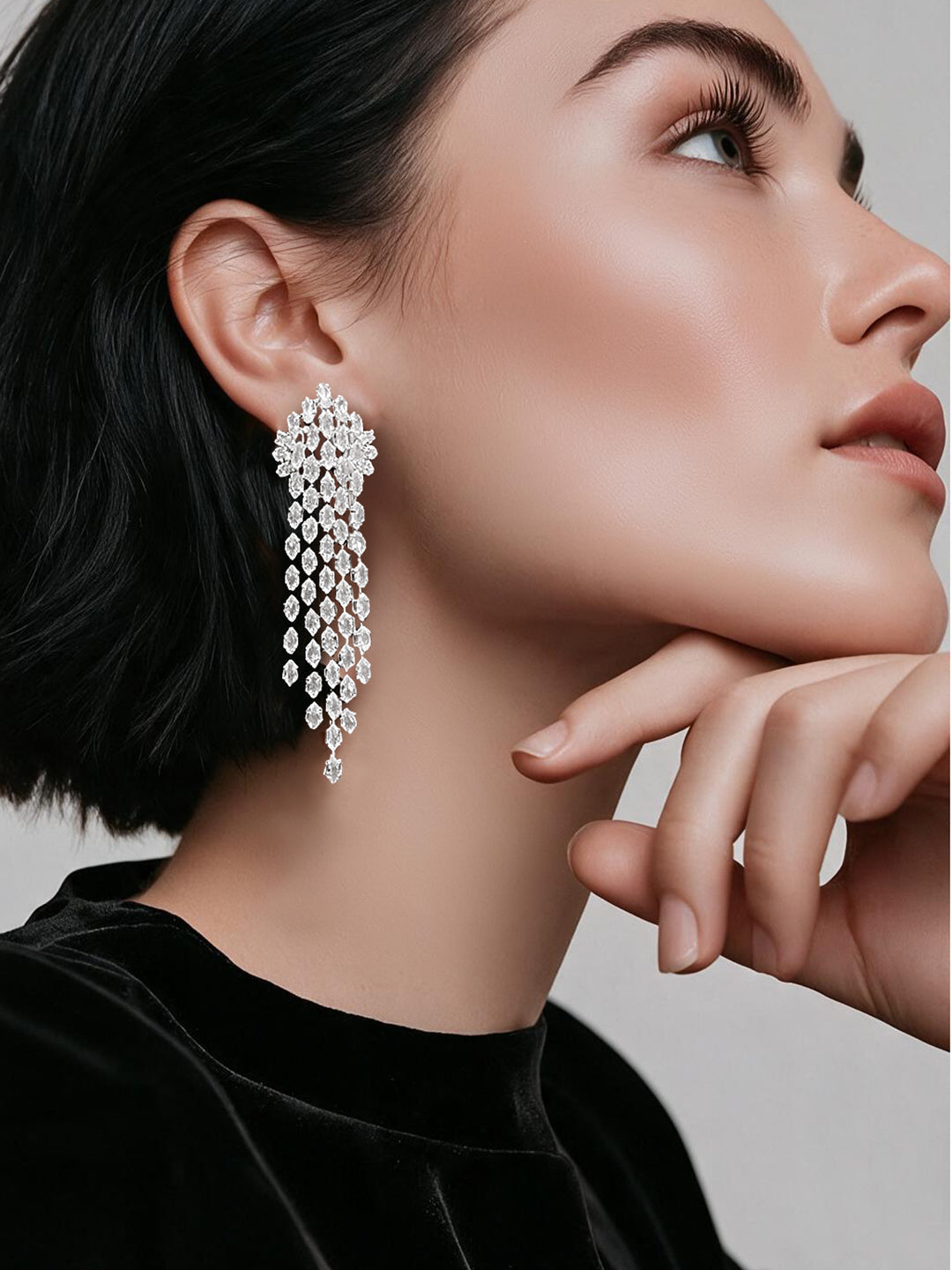 【Rubans】 Rhodium Plated Crystal Drop Tassel Earrings｜ロジウムメッキ クリスタル ドロップタッセル イヤリング