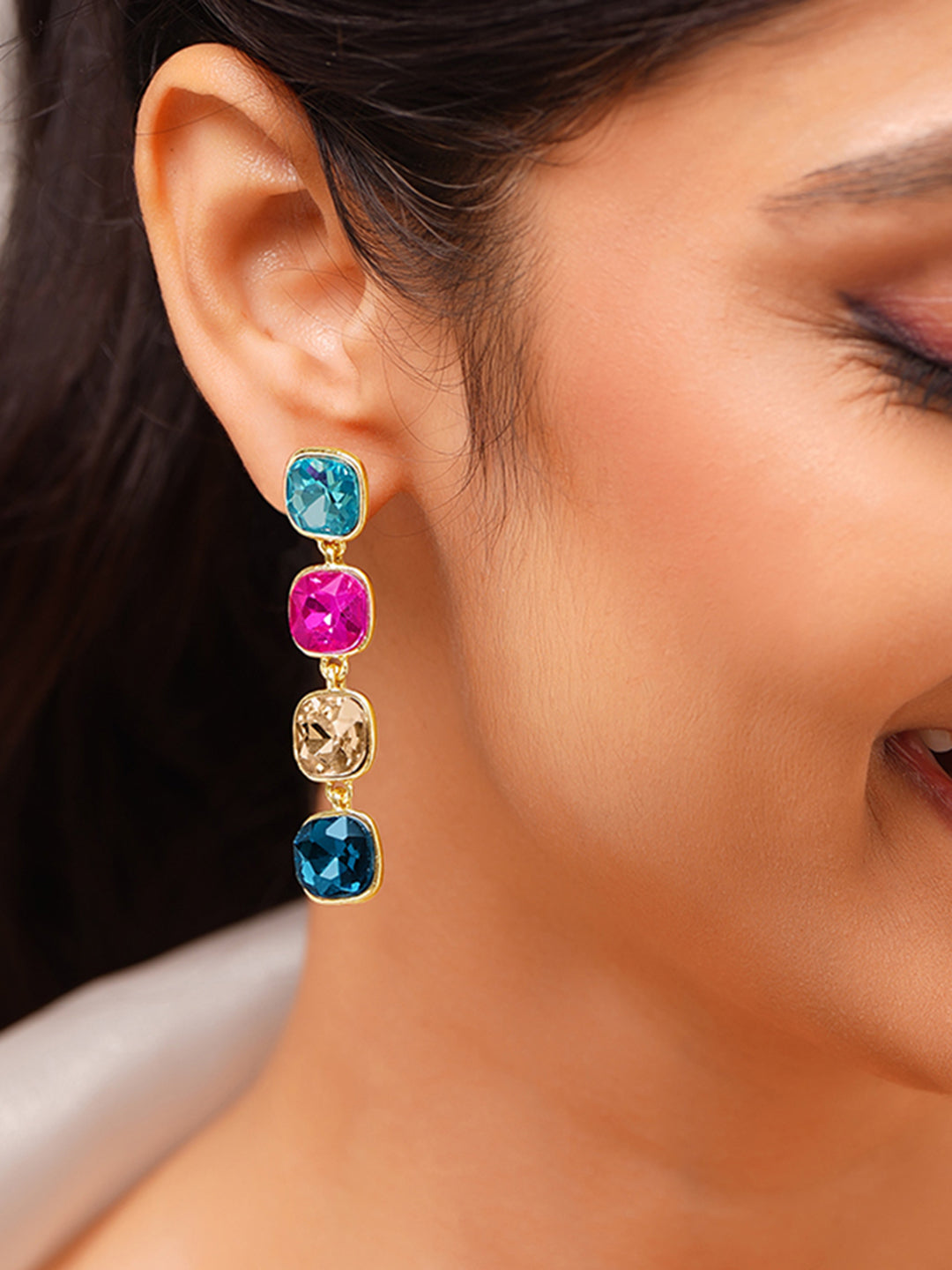 【Rubans】 Gold Plated Multicolor Crystal Dangler Earrings｜ゴールドメッキ マルチカラー クリスタル ダングラーイヤリング