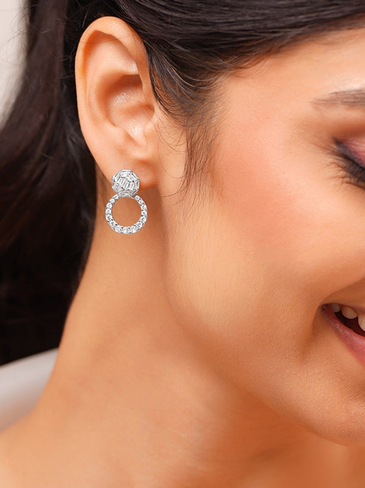 【Rubans】 Rhodium Plated American Diamond Zirconia circular Drop Stud Earrings｜ロジウムメッキ アメリカンダイヤモンド ジルコニア サークル ドロップスタッド イヤリング