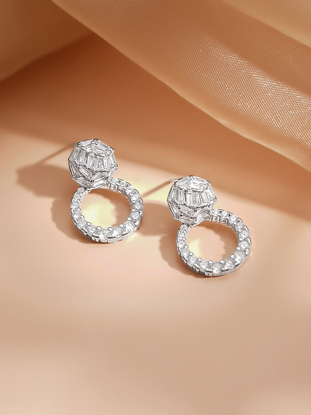【Rubans】 Rhodium Plated American Diamond Zirconia circular Drop Stud Earrings｜ロジウムメッキ アメリカンダイヤモンド ジルコニア サークル ドロップスタッド イヤリング