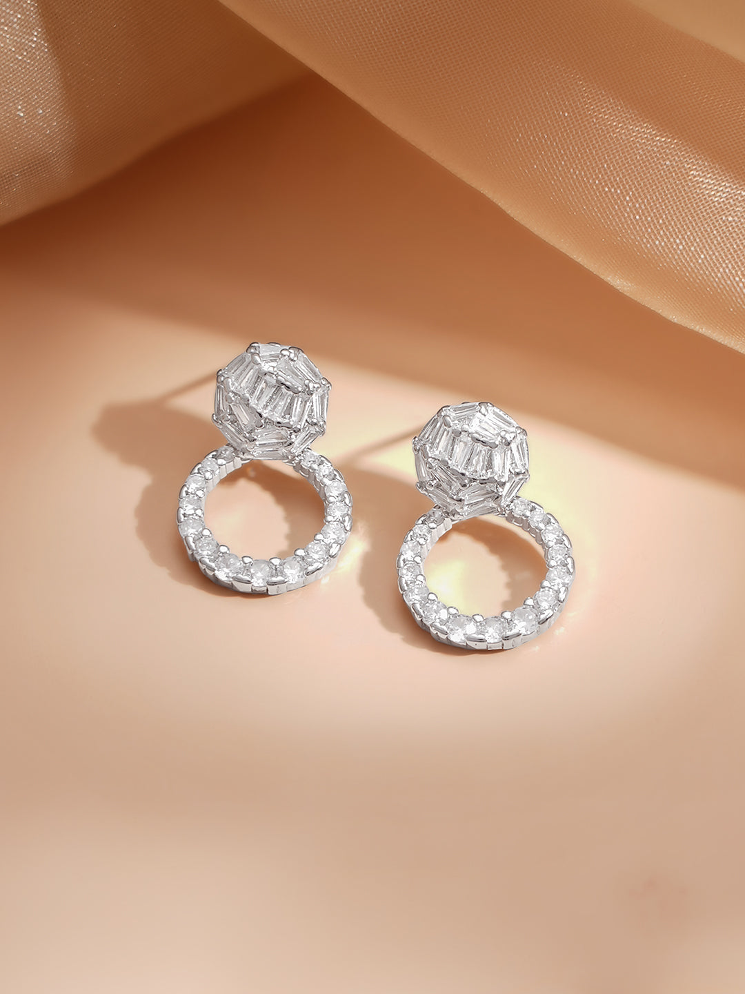 【Rubans】 Rhodium Plated American Diamond Zirconia circular Drop Stud Earrings｜ロジウムメッキ アメリカンダイヤモンド ジルコニア サークル ドロップスタッド イヤリング
