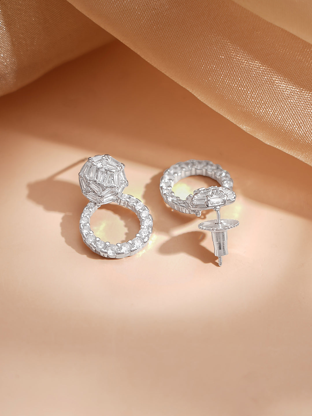 【Rubans】 Rhodium Plated American Diamond Zirconia circular Drop Stud Earrings｜ロジウムメッキ アメリカンダイヤモンド ジルコニア サークル ドロップスタッド イヤリング