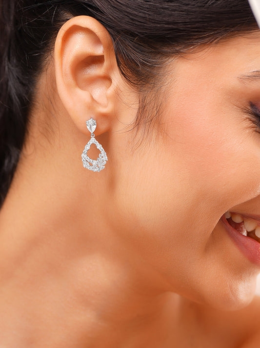 【Rubans】 Rhodium Plated American Diamond Zirconia Leaf Design Tear Drop Earrings｜ロジウムメッキ アメリカンダイヤモンド ジルコニア リーフ ティアドロップ イヤリング