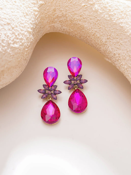【Rubans】Gold Plated Fuchsia Bloom Crystal Teardrop Earrings｜ゴールドメッキ フューシャブルーム クリスタル ティアドロップピアス