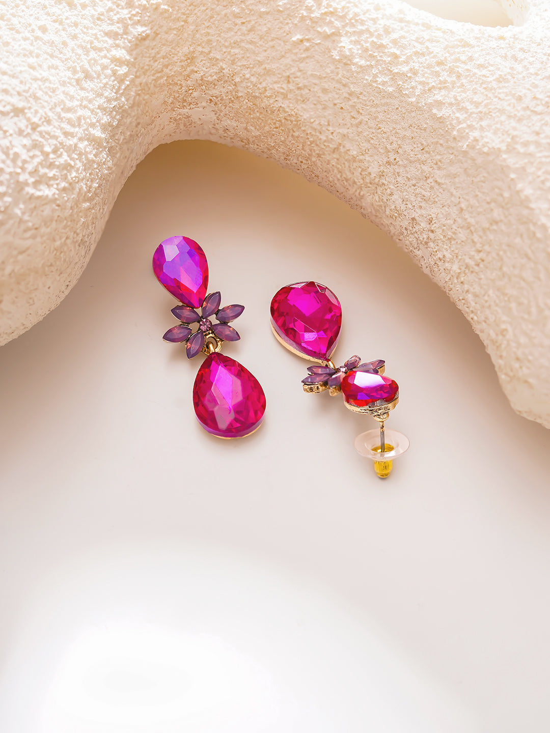 【Rubans】Gold Plated Fuchsia Bloom Crystal Teardrop Earrings｜ゴールドメッキ フューシャブルーム クリスタル ティアドロップピアス
