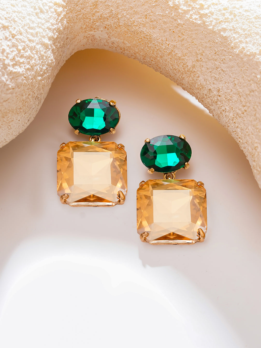 【Rubans】Gold Plated Emerald Sunrise Antique Champagne Crystal Drop Earrings｜ゴールドメッキ エメラルドサンライズ アンティーク シャンパンクリスタル ドロップピアス