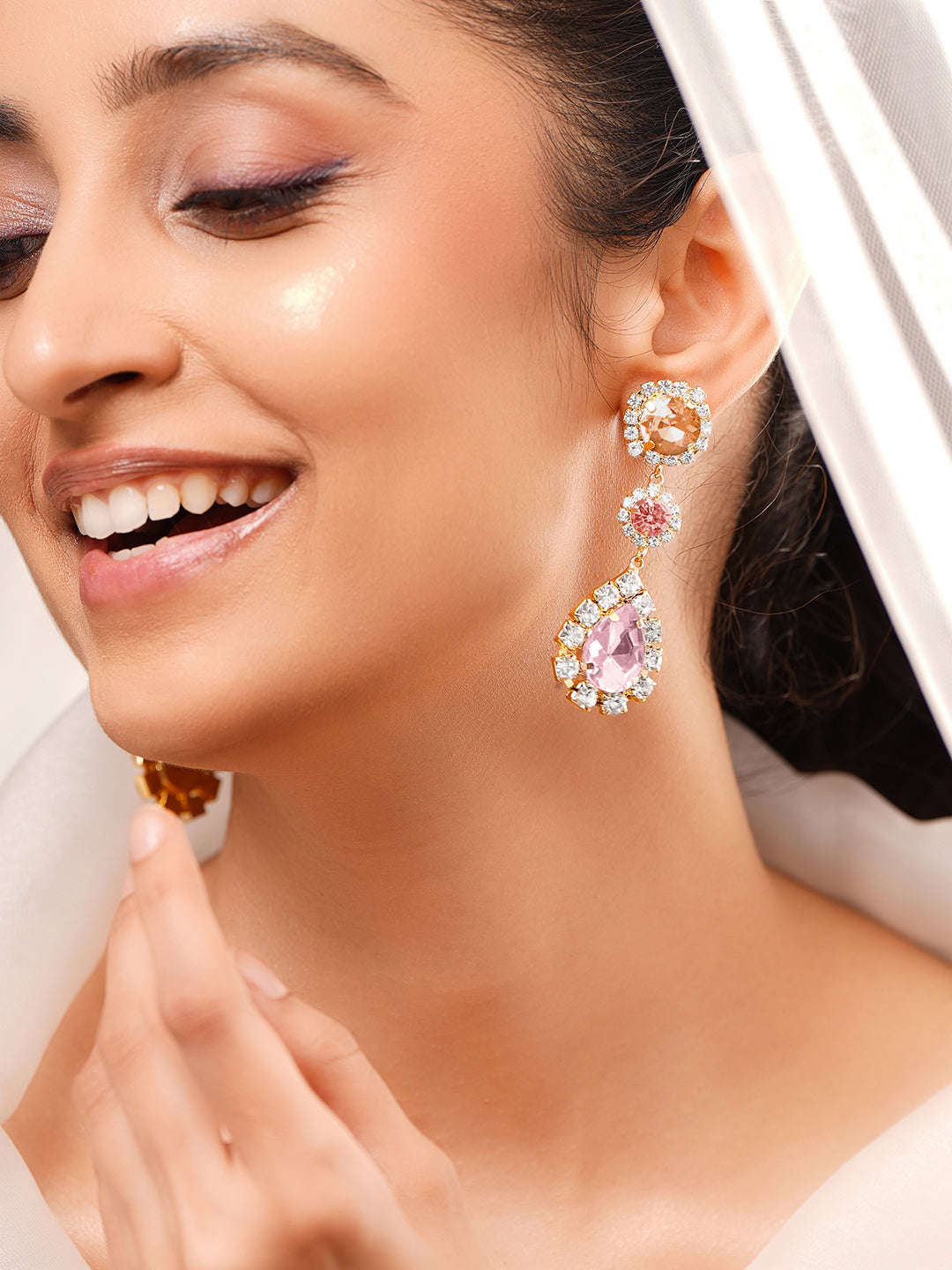 【Rubans】Gold Plated Rose Petal Halo Crystal Long Drop Earrings｜ゴールドメッキ ローズペタル ヘイロー クリスタル ロングドロップピアス