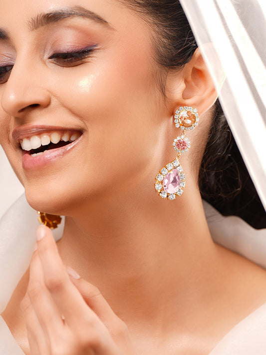 【Rubans】Gold Plated Rose Petal Halo Crystal Long Drop Earrings｜ゴールドメッキ ローズペタル ヘイロー クリスタル ロングドロップピアス