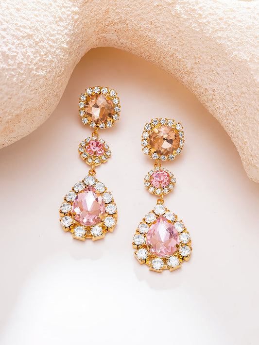 【Rubans】Gold Plated Rose Petal Halo Crystal Long Drop Earrings｜ゴールドメッキ ローズペタル ヘイロー クリスタル ロングドロップピアス