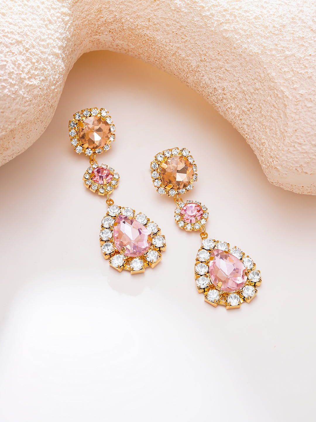 【Rubans】Gold Plated Rose Petal Halo Crystal Long Drop Earrings｜ゴールドメッキ ローズペタル ヘイロー クリスタル ロングドロップピアス