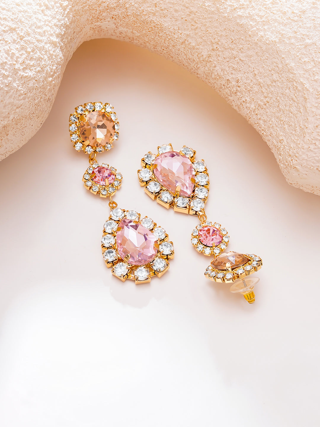 【Rubans】Gold Plated Rose Petal Halo Crystal Long Drop Earrings｜ゴールドメッキ ローズペタル ヘイロー クリスタル ロングドロップピアス