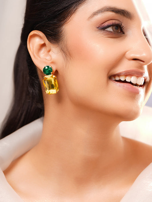 【Rubans】Gold Plated Citrine Emerald Crystal Drop Earrings｜ゴールドメッキ シトリン エメラルド クリスタル ドロップピアス