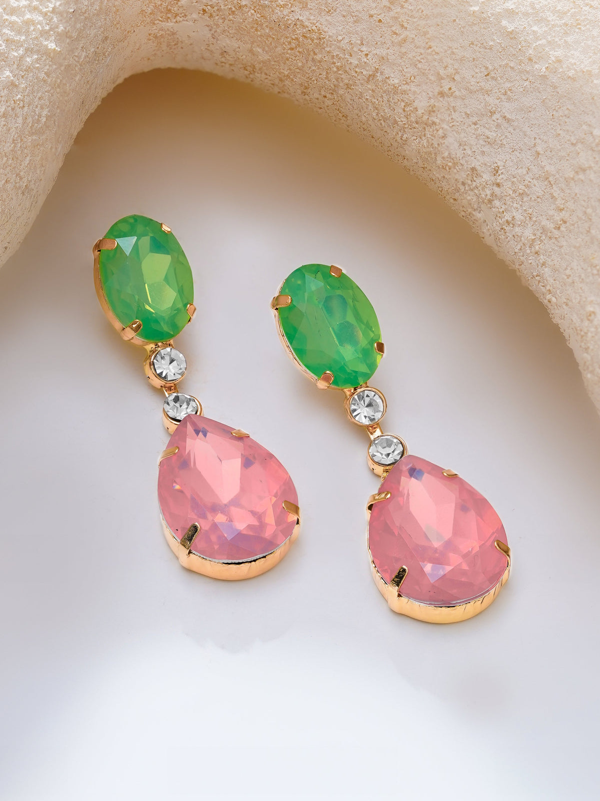 【Rubans】Gold Plated Mint Pink Crystal Drop Earrings｜ゴールドメッキ ミント ピンク クリスタル ドロップピアス