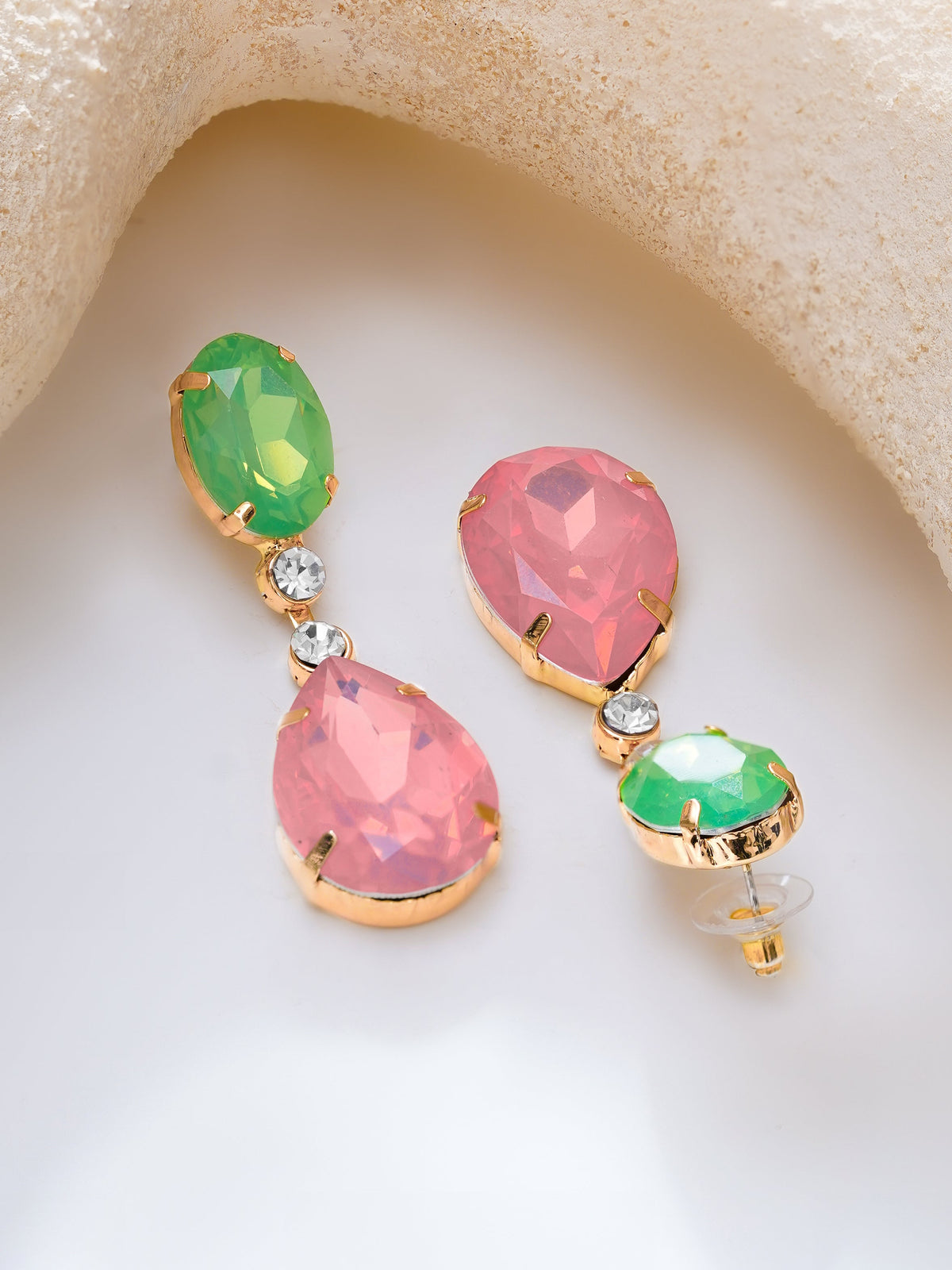 【Rubans】Gold Plated Mint Pink Crystal Drop Earrings｜ゴールドメッキ ミント ピンク クリスタル ドロップピアス