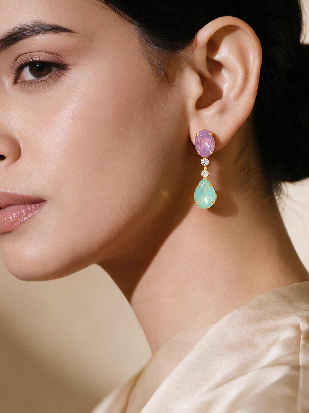 【Rubans】Gold Plated double-drop crystal statement earrings｜ゴールドメッキ ダブルドロップ クリスタル ステートメントピアス