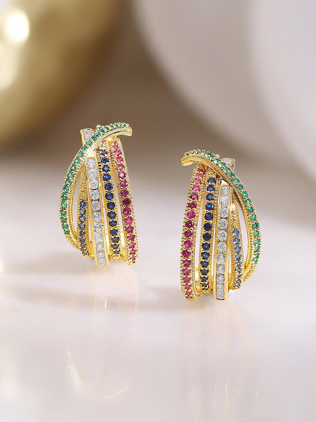 【Rubans】 Gold Plated Zirconia Crossover Hoop Earrings｜ゴールドメッキ ジルコニア クロスオーバー フープイヤリング