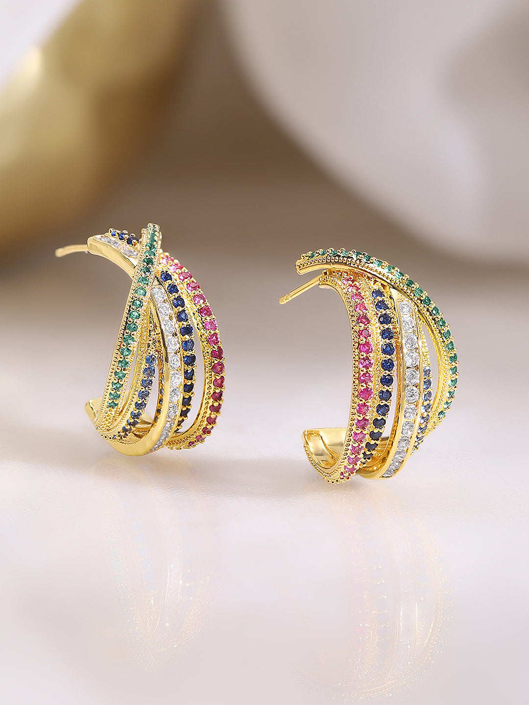【Rubans】 Gold Plated Zirconia Crossover Hoop Earrings｜ゴールドメッキ ジルコニア クロスオーバー フープイヤリング