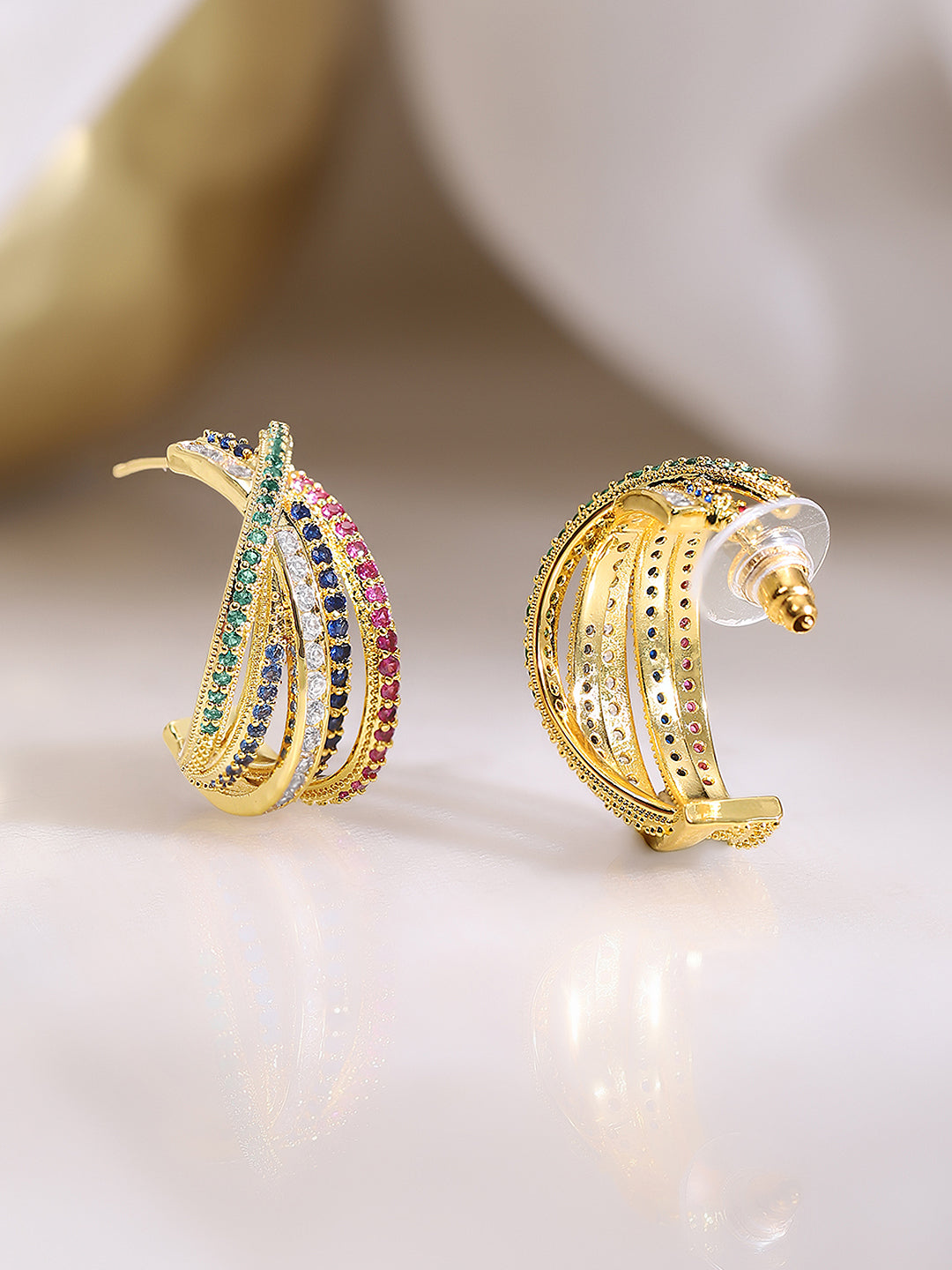 【Rubans】 Gold Plated Zirconia Crossover Hoop Earrings｜ゴールドメッキ ジルコニア クロスオーバー フープイヤリング