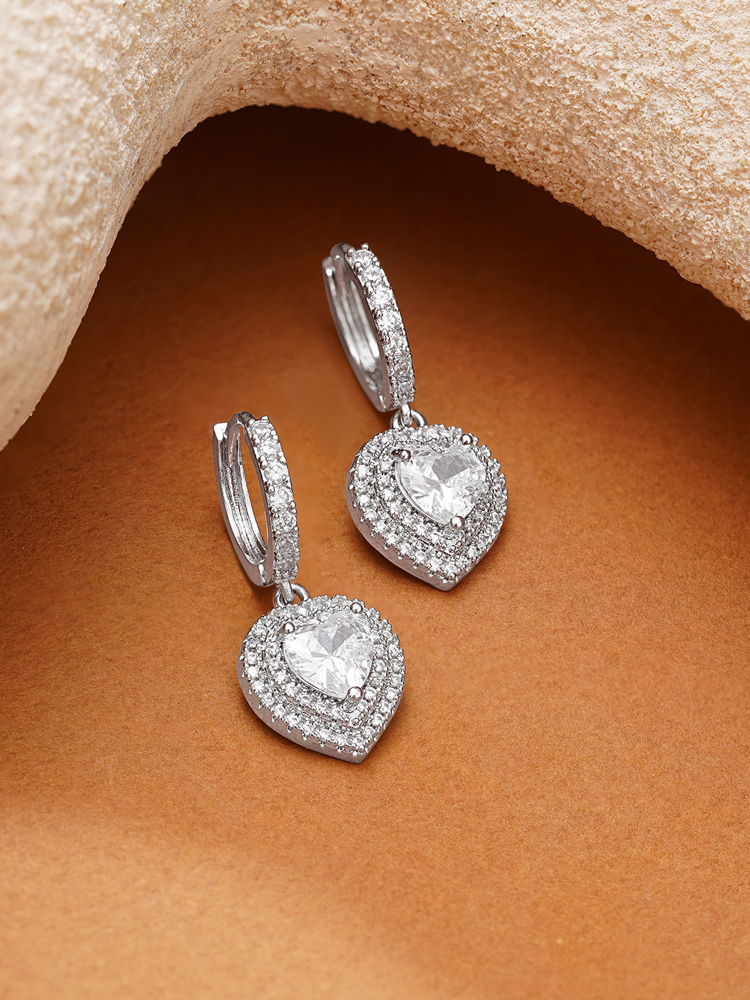 【Rubans】 Rhodium Plated American Diamond Zirconia Heart Drop Hoop Earrings｜ロジウムメッキ アメリカンダイヤモンド ジルコニア ハートドロップ フープイヤリング