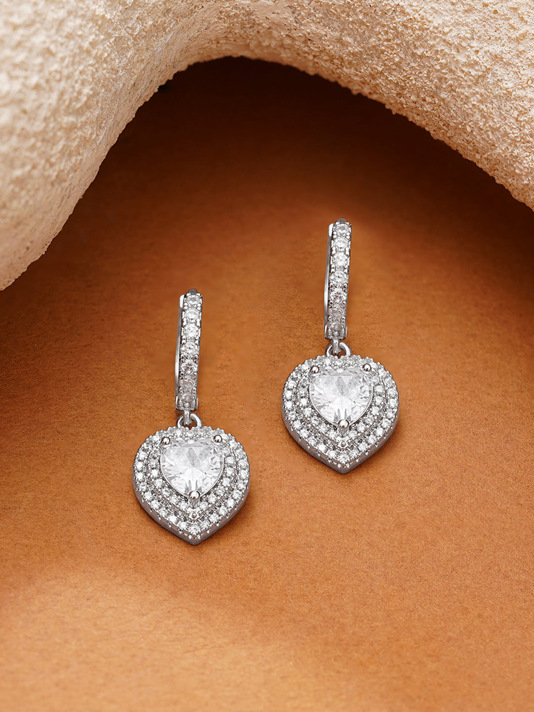 【Rubans】 Rhodium Plated American Diamond Zirconia Heart Drop Hoop Earrings｜ロジウムメッキ アメリカンダイヤモンド ジルコニア ハートドロップ フープイヤリング