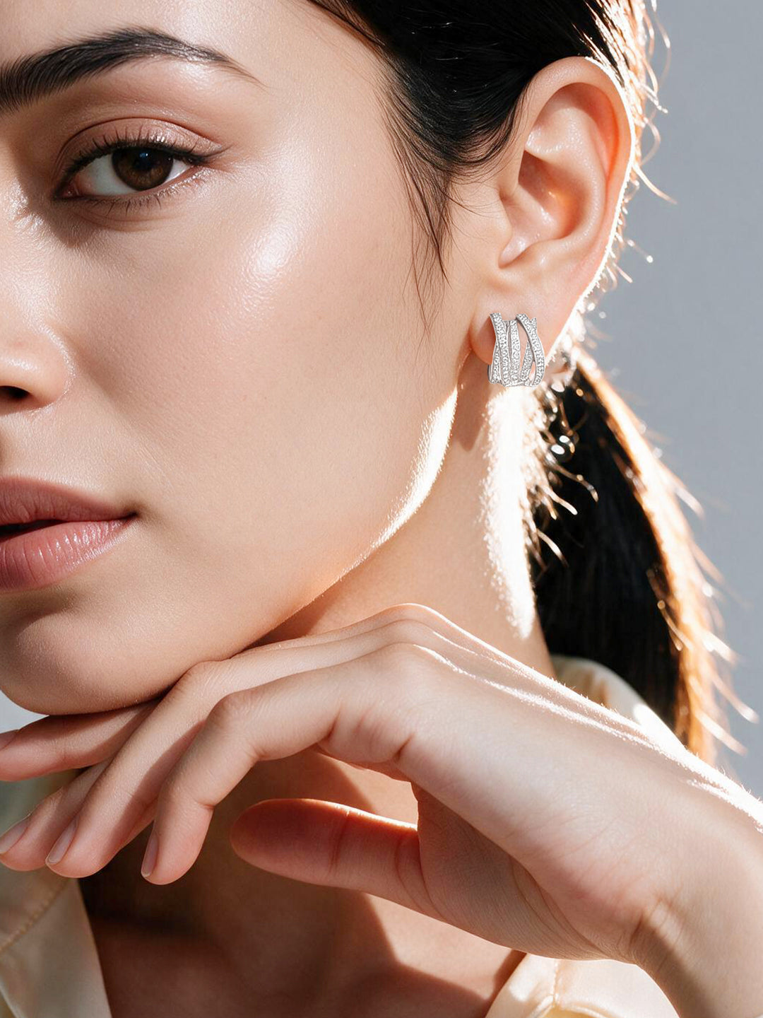 【Rubans】Rhodium Plated Contemporary Silver Finish Layered Hoop Earrings｜ロジウムメッキ コンテンポラリー レイヤード フープピアス