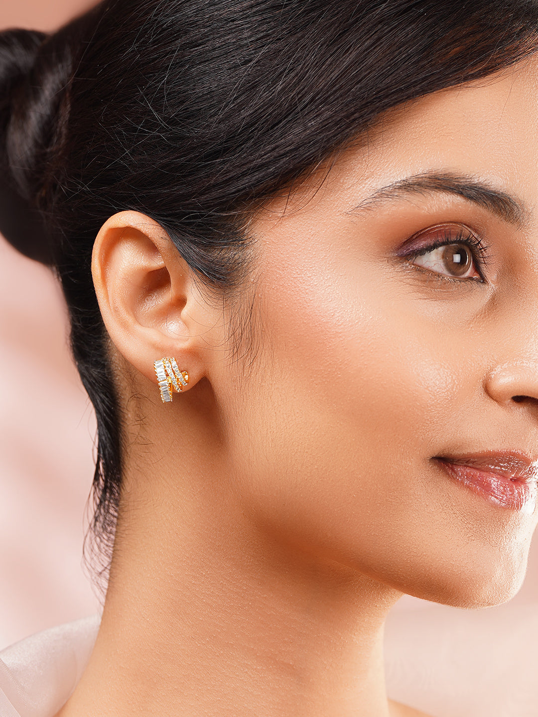 【Rubans】 Gold Plated American Diamond Zirconia Leaf Design Hoop Earrings｜ゴールドメッキ アメリカンダイヤモンド ジルコニア リーフデザイン フープイヤリング