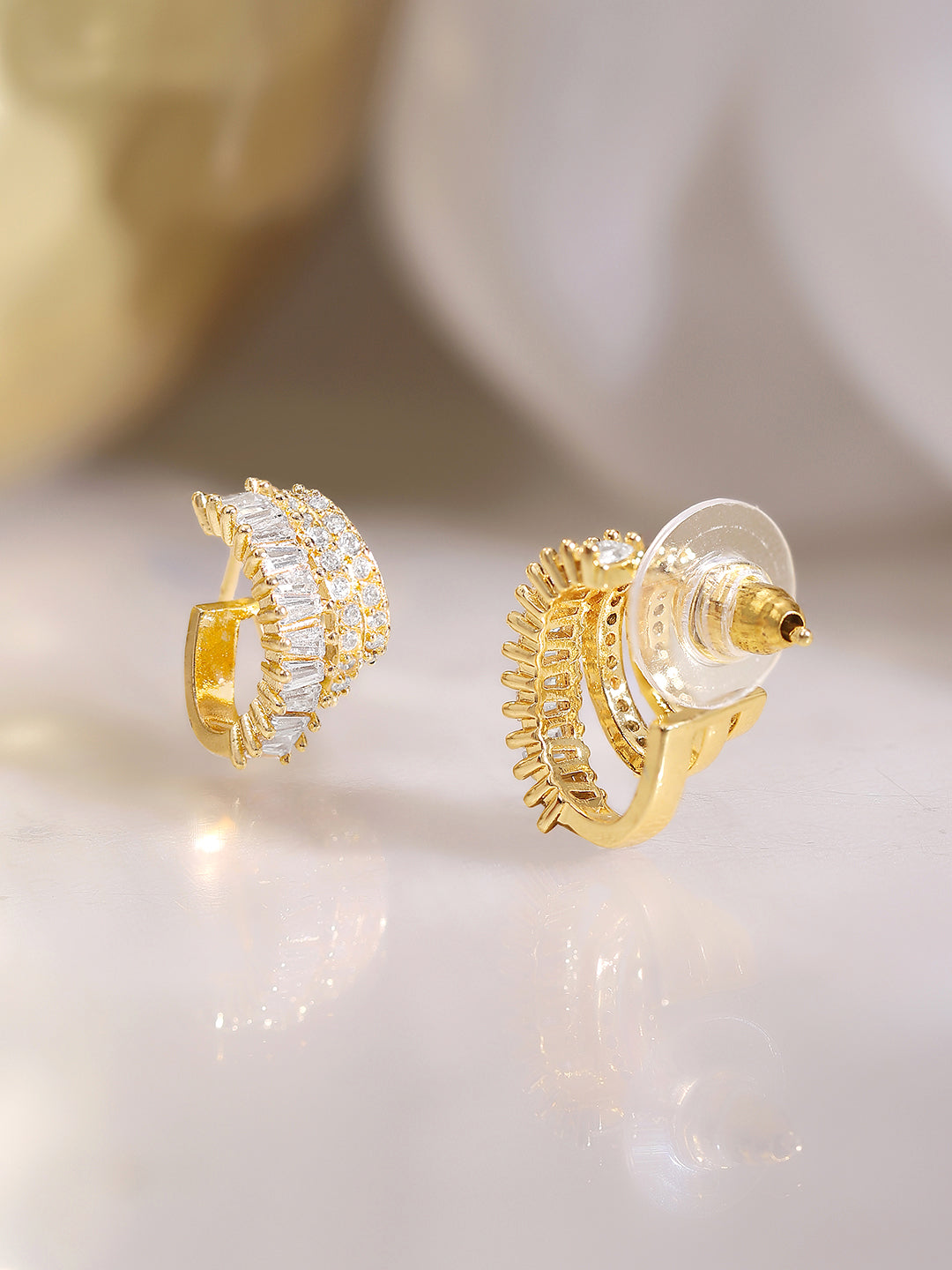 【Rubans】 Gold Plated American Diamond Zirconia Leaf Design Hoop Earrings｜ゴールドメッキ アメリカンダイヤモンド ジルコニア リーフデザイン フープイヤリング